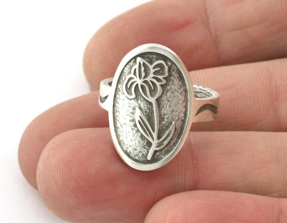 Birth Monthly Flower (February Iris) Adjustable Ring Raw Solid Brass 8us 5321
