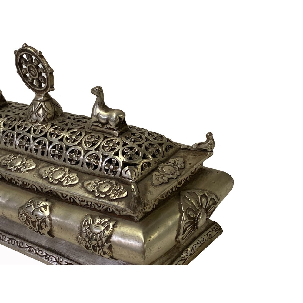 Chinese Tibetan Silver Color Rectangular Shape Incense Burner Display ws3311