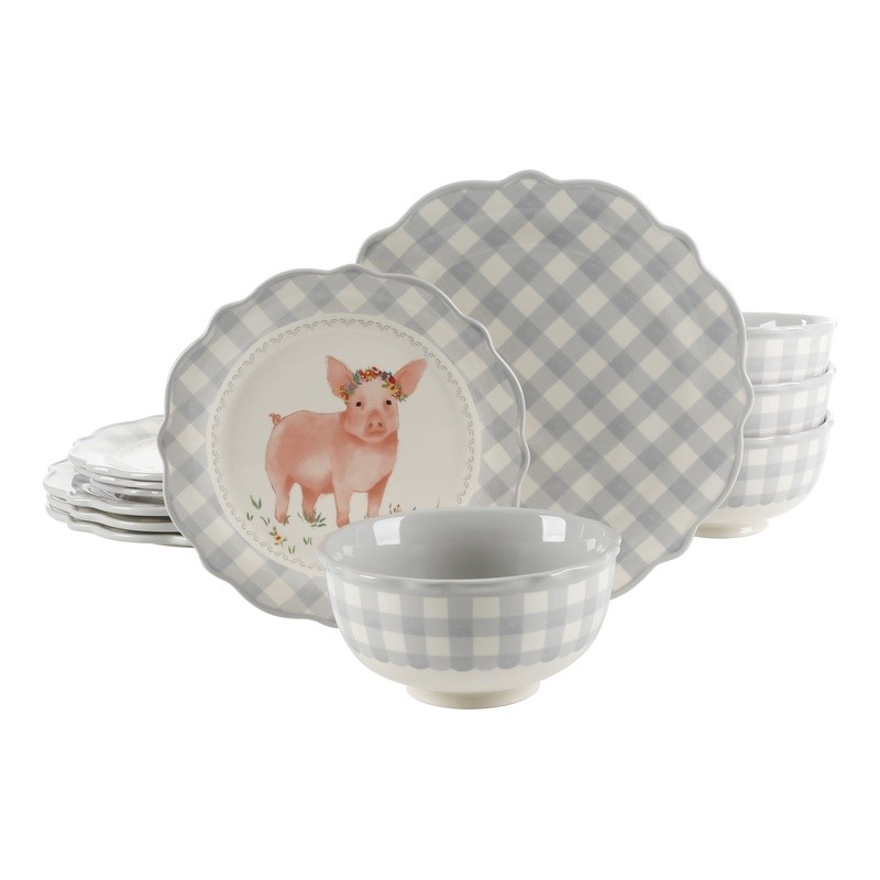 Gingham Dinnerware Set 12 Pieces Ceramic Service 4 Microwave Dishwasher Safe New