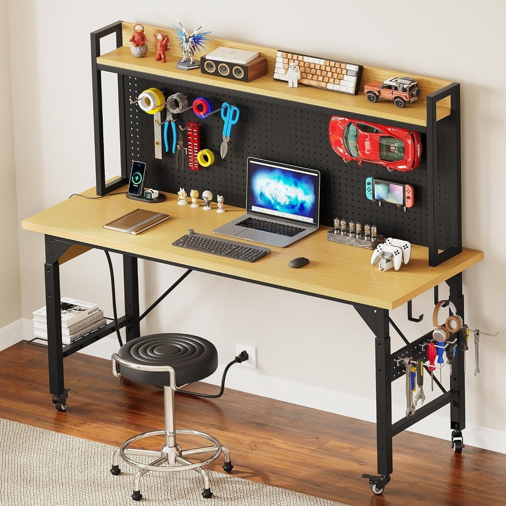 Sturdy 60" Adjustable Workbench with Hooks & Pegboard for Garage, Office & Home
