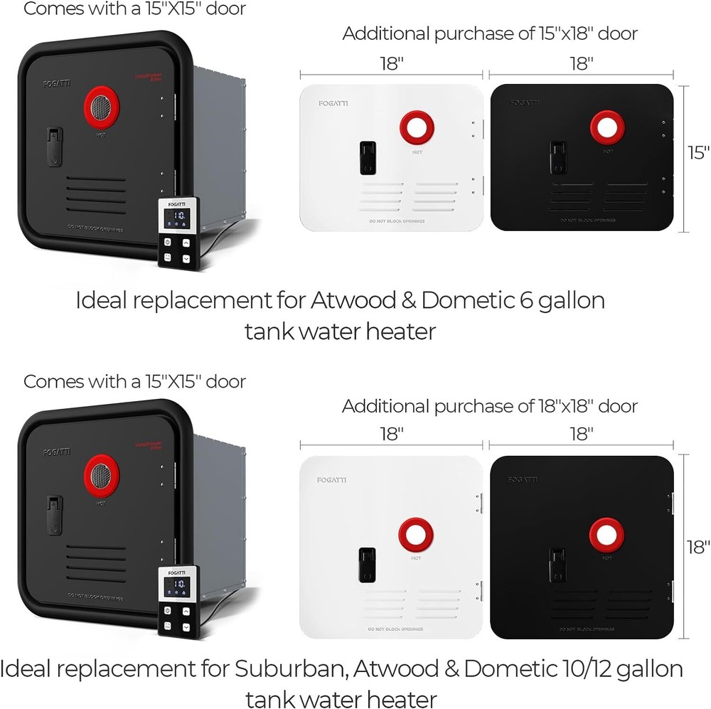 FOGATTI Black RV Tankless Water Heater w/ Mixing Tank InstaShower 8 PRO Propane