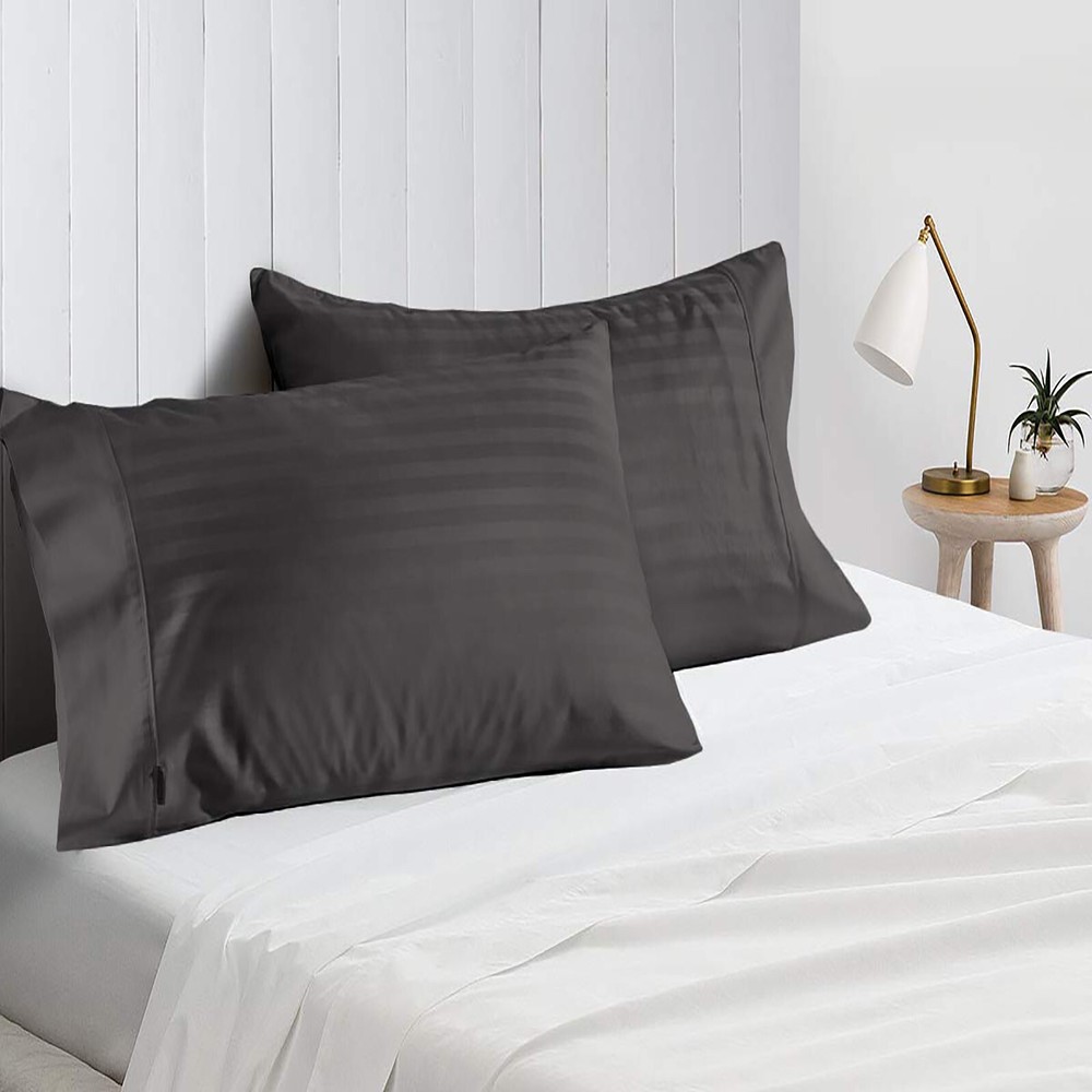 4 PCs Pillow Case Set 1000 TC 100% Cotton Gray Stripes Queen Size