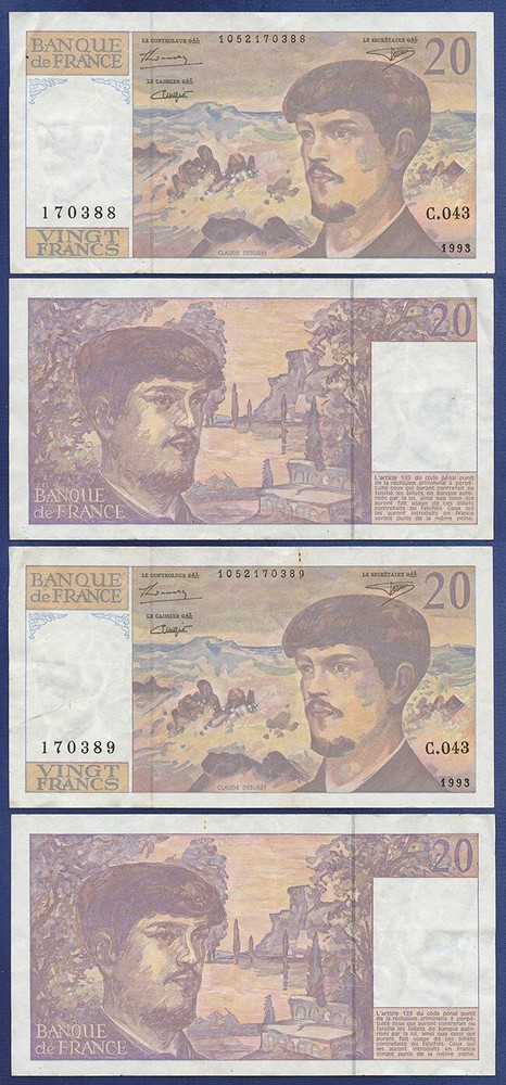 FRANCE 20 FRANCS 1993 TWO CONSECUTIVE NOTES VF+