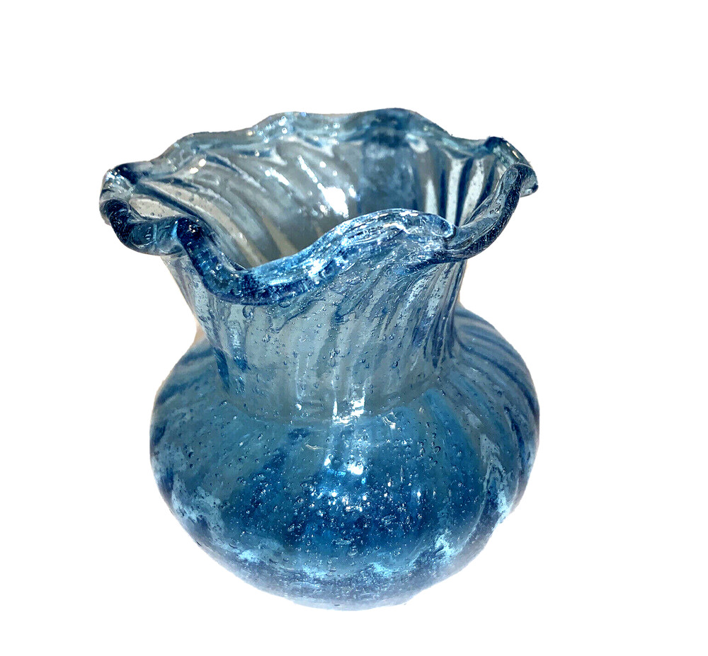 Small Hand Blown Blue Glass Creamer Pitcher w Applied Handle