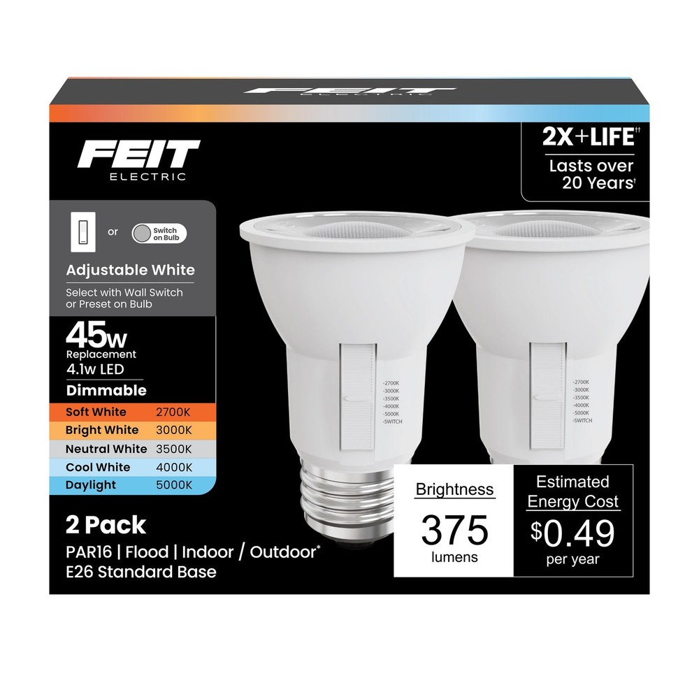 Feit Electric PAR16 LED Light Bulbs, 2 Count (Pack of 1), Adjustable White
