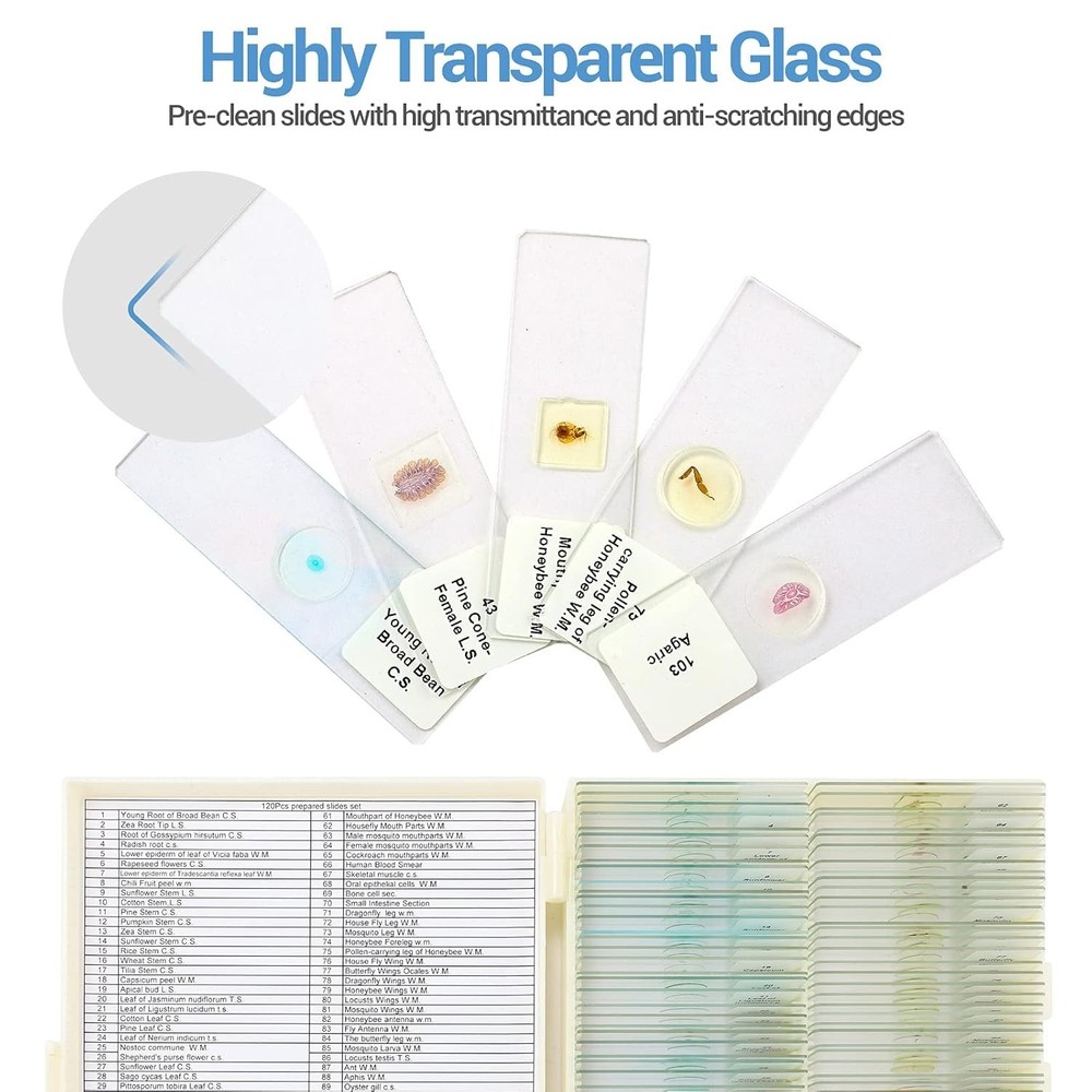 120 Microscope Slides with Specimens for Kids, Prepared Microscope Slides for Ki
