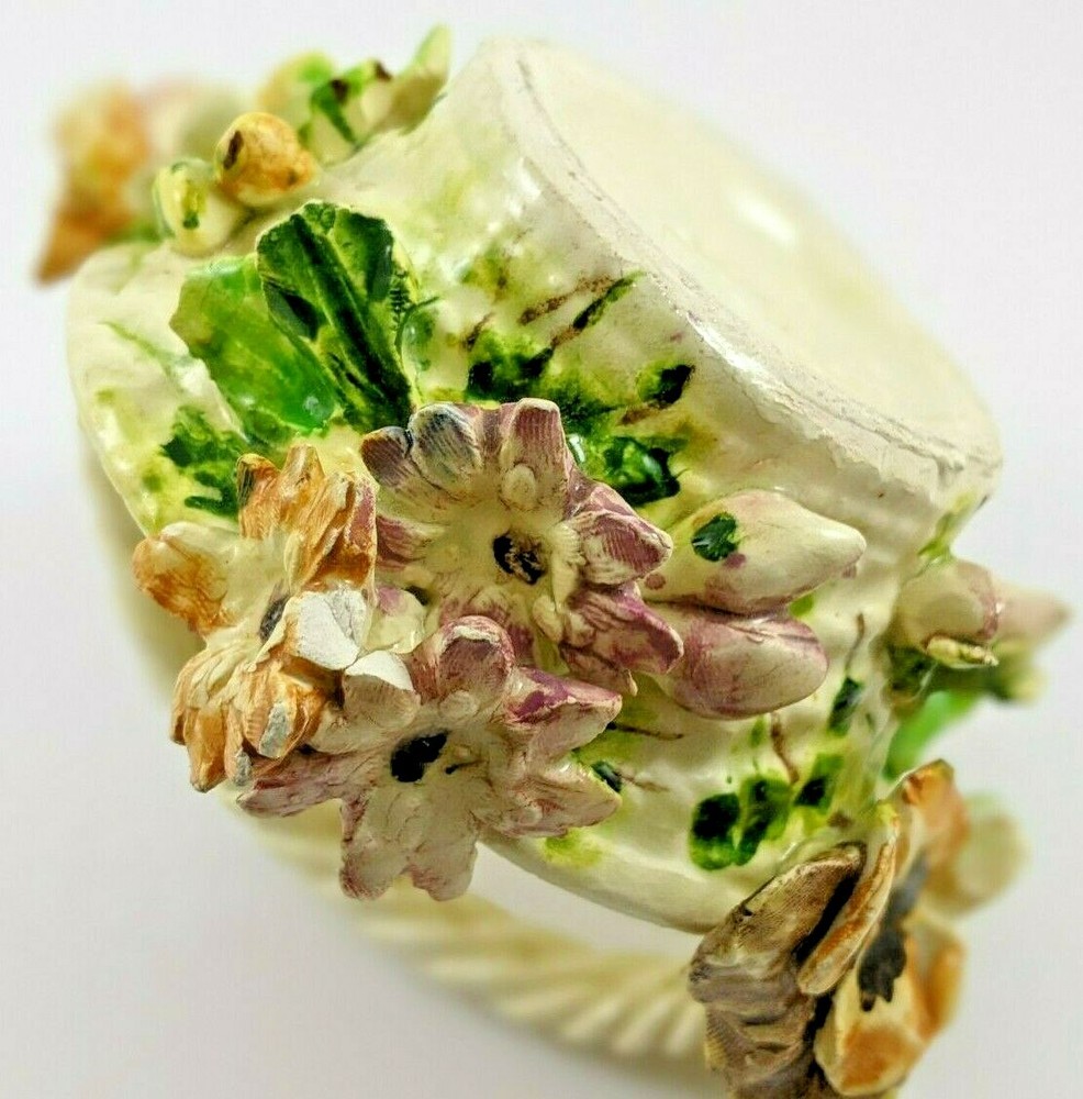 Vintage Ceramic Flowered Basket Braided Handle Italy