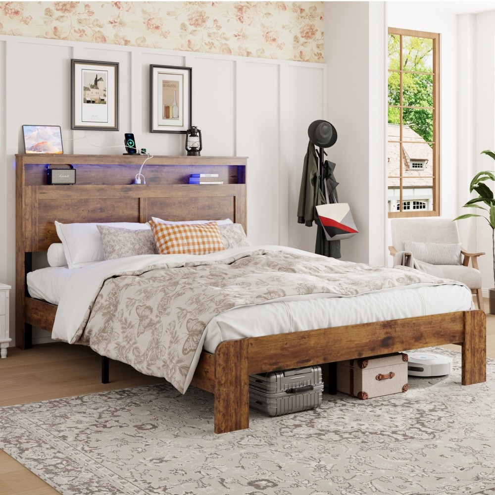 Queen/King Size Bed Frame Wood Platform Bed with LED Light Headboard & USB Ports