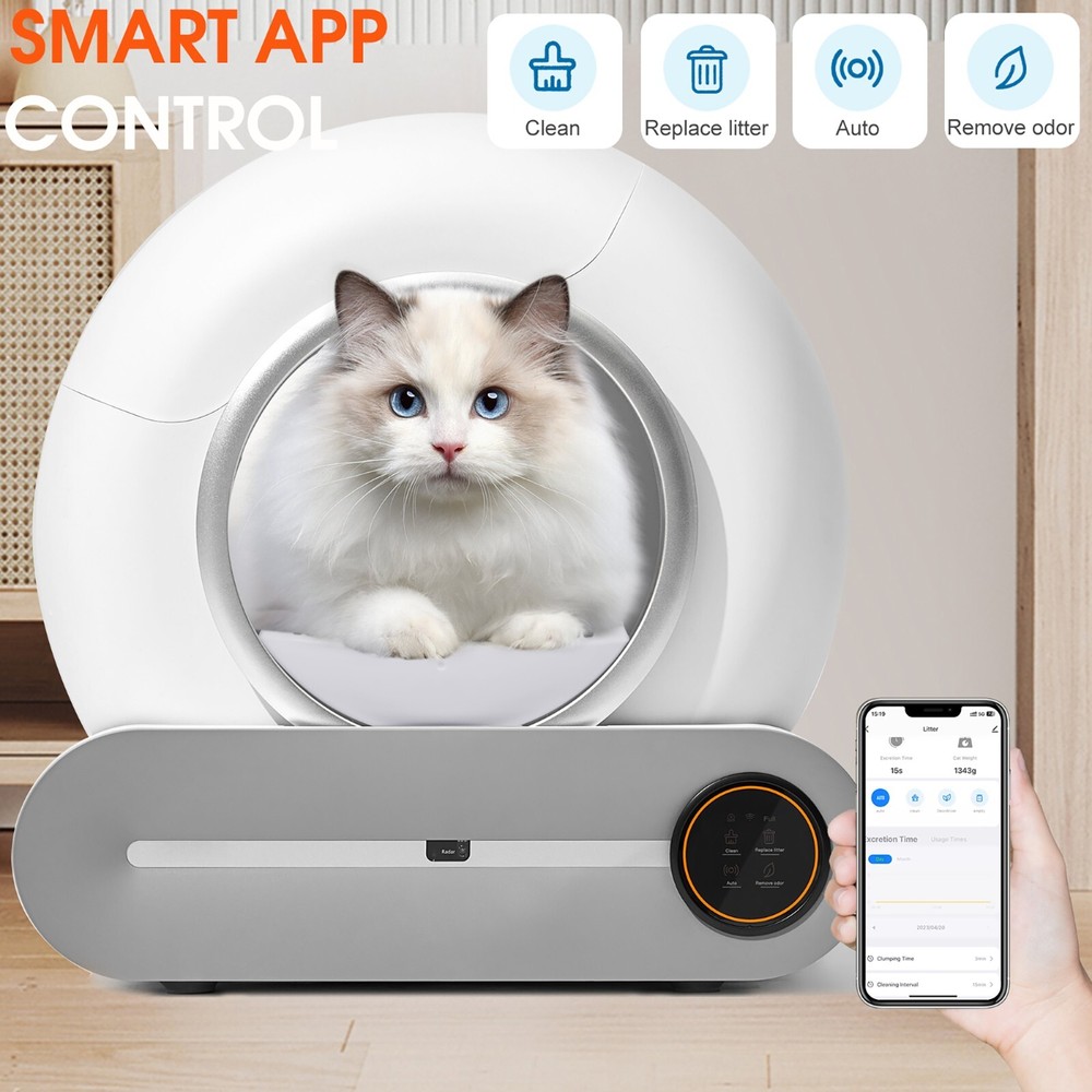 Self Cleaning Cat Litter Box Automatic Cat Litter Cleaning Robot 65L Space White