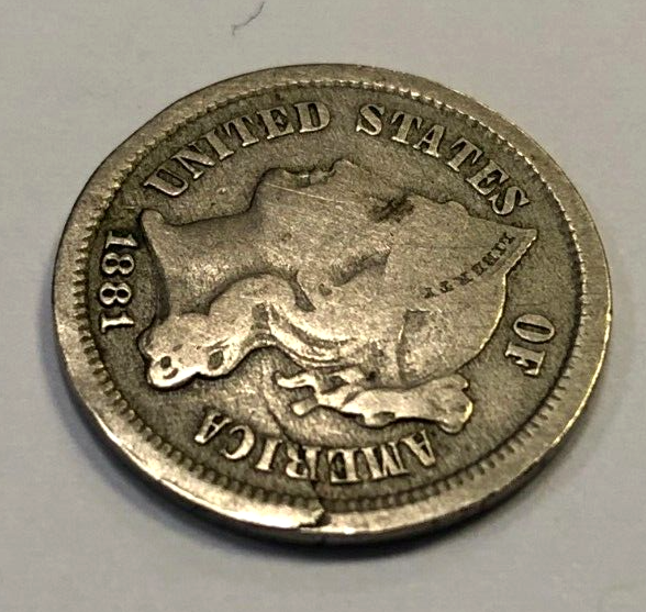 MINT ERROR Cracked Planchet 1881 Three Cent Nickel 3CN Fine F Condition