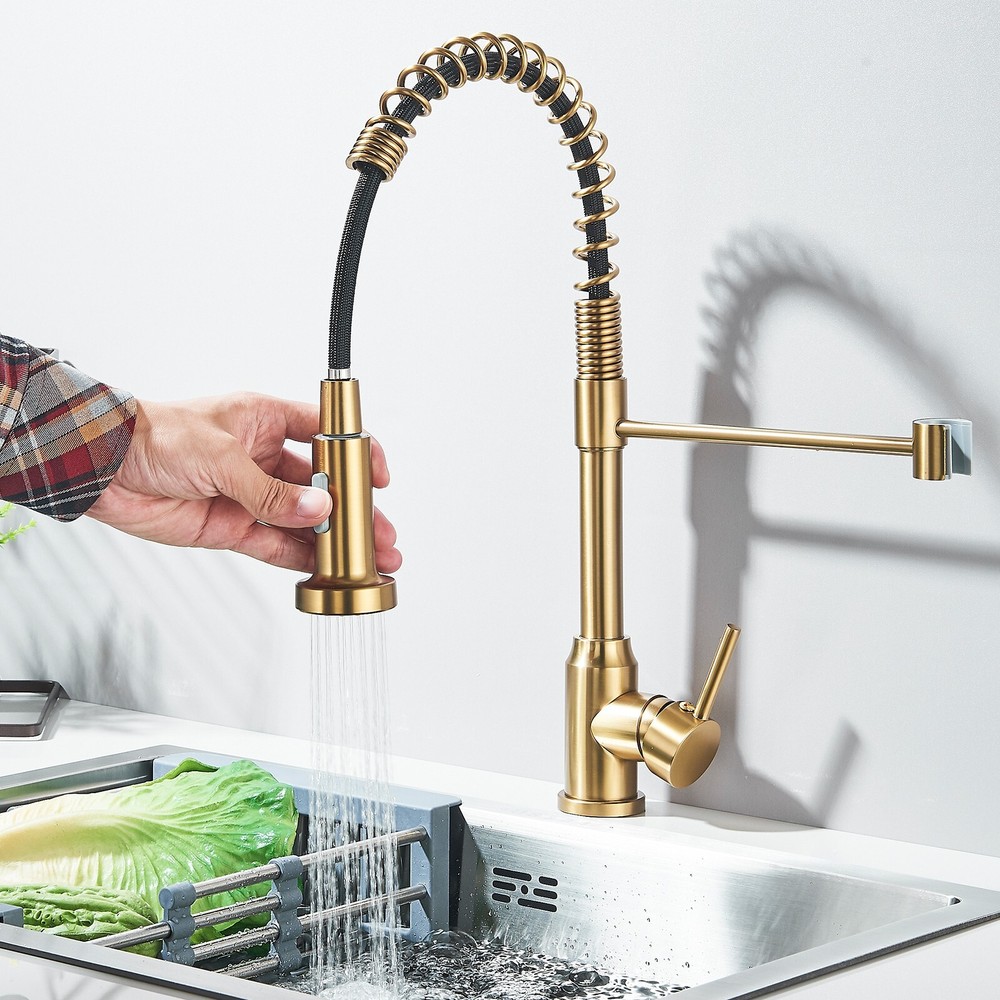 Brushed Gold Kitchen Faucet Pull Down Sprayer Single Handle Swivel Sink Mixer