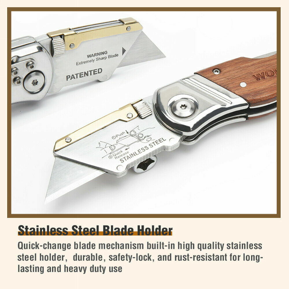 WORKPRO Folding Utility Knife Belt Clip&10Blades Wood Handle &Back Lock Plastic