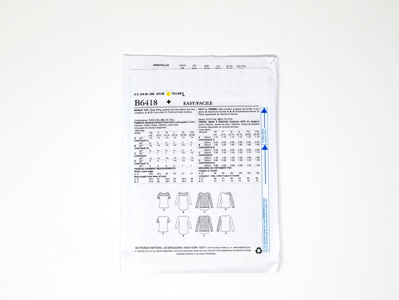 Butterick B6418 Sewing Pattern - Misses Tops