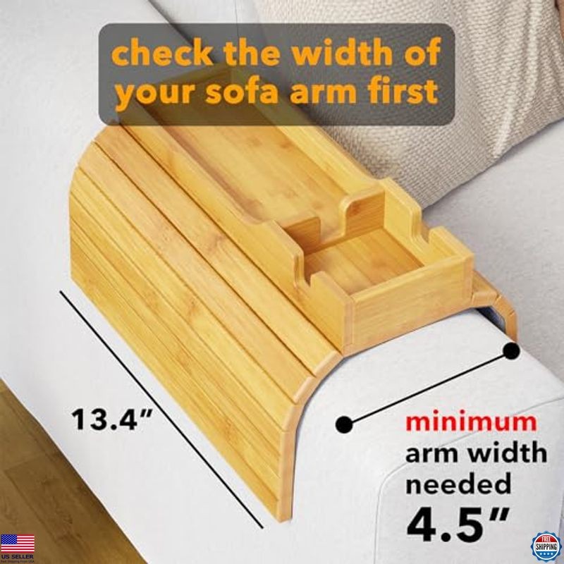 SpaceAid Bamboo Foldable Sofa Armrest Tray with Cup Holder - Anti-Fall Organizer