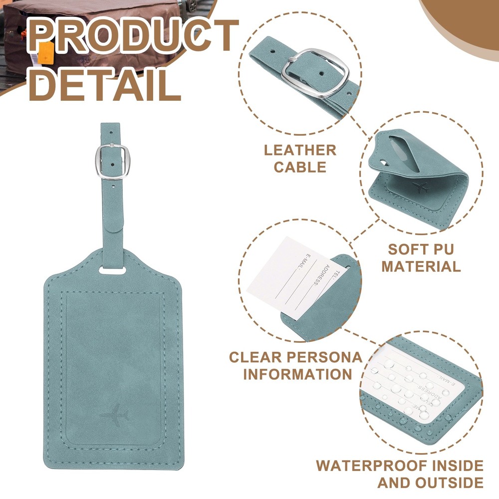 Suitcase Tags, Sky Blue Leather Tags with Private Protection, 2 Pcs