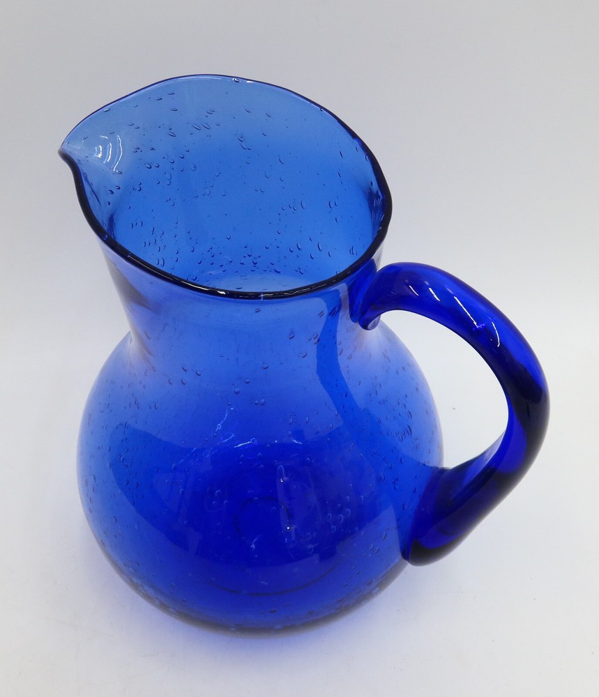 French Blown Cobalt Blue Controlled Bubble Pitcher 20th Century