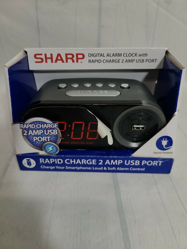 SHARP Digital Alarm Clock with Loud & Soft Alarm Volume Control 2 AMP USB Charge