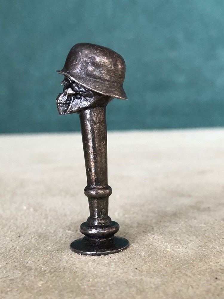 Antique WWII Skull With German Helmet Pipe Tamper, Solid Fine Pewter