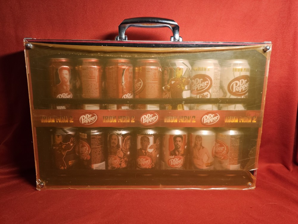 Dr Pepper Ironman 2 Briefcase - display case with 14 Empty Cans