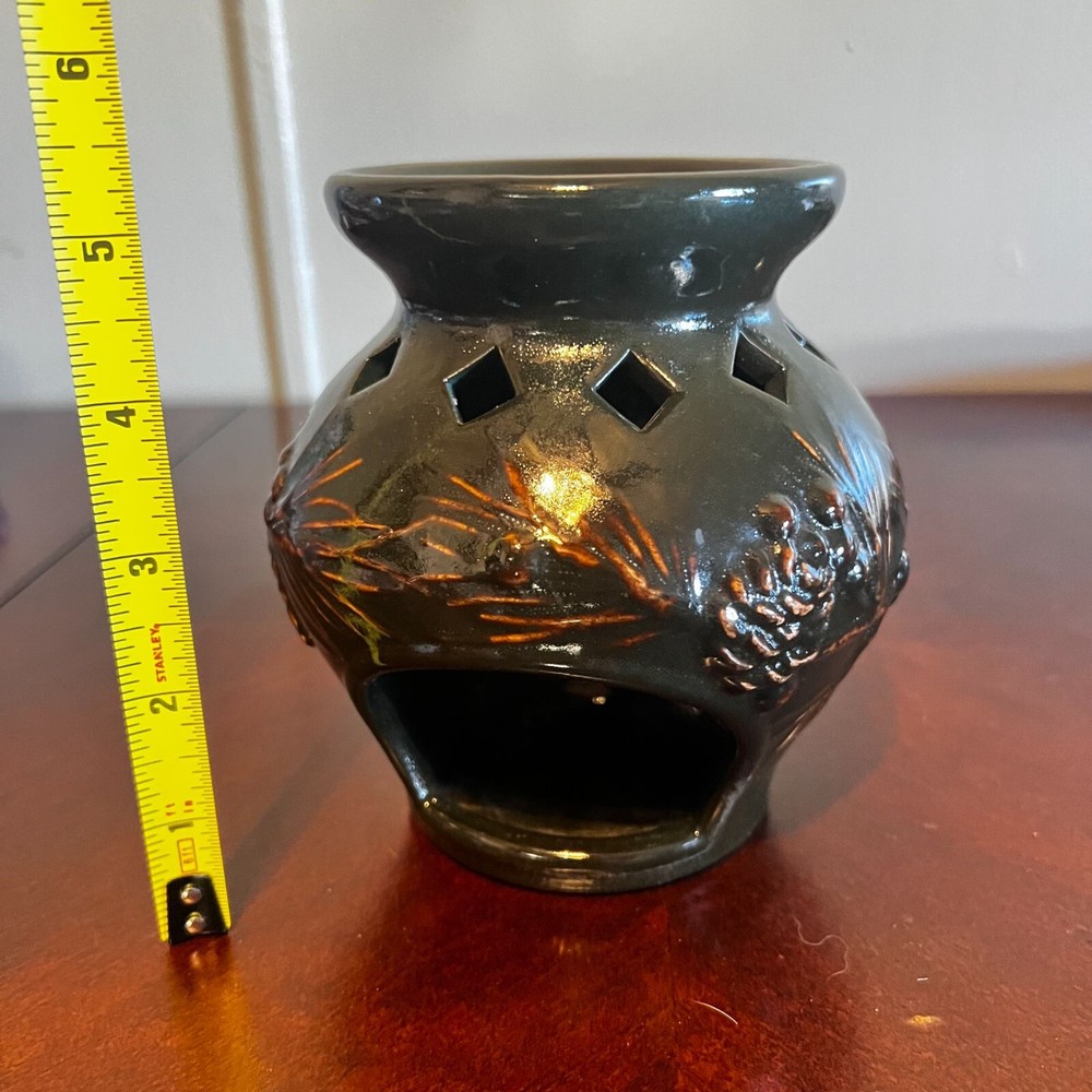 LivingQuarters 5" Pinecone Pattern Ceramic Tart Warmer Black rustic
