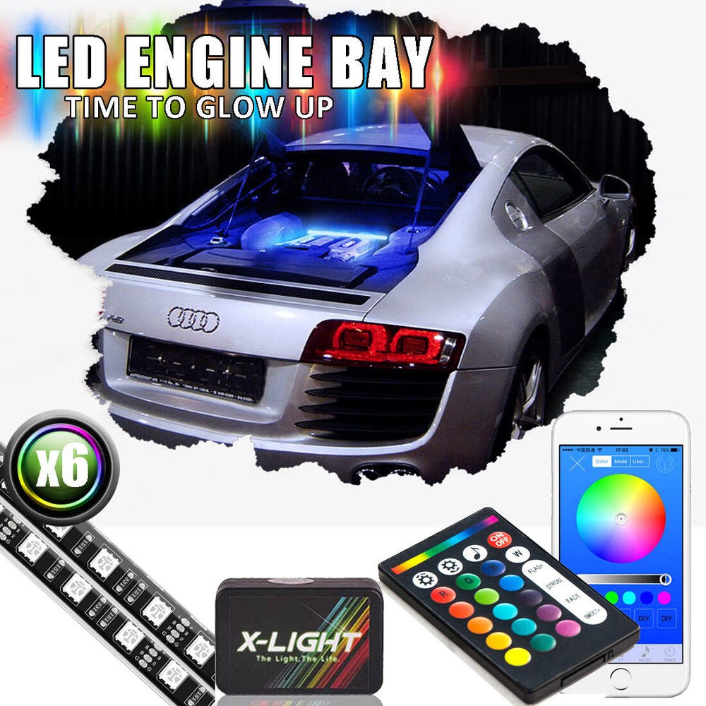 6pc Million Color RGB-W Engine Bay Under Hood LED Lighting Kit Bluetooth Control