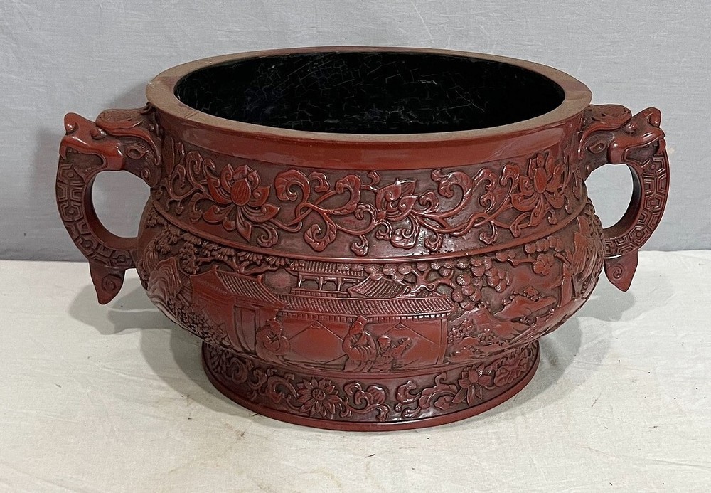 Large Modern Chinese Red Lacquerware Incense Burner With Mark M4010