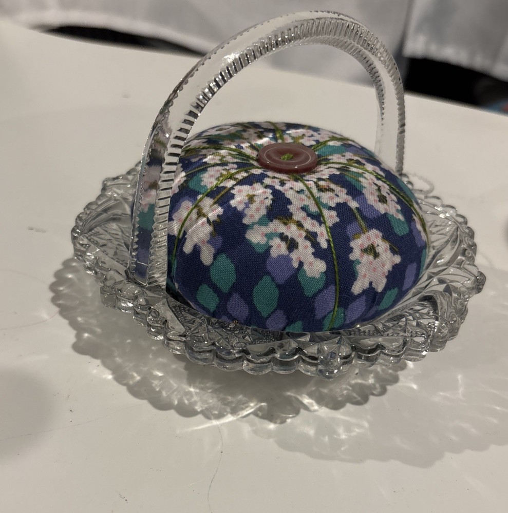Sewing Pin Cushion Glass Basket Sun Design & Handle EUC