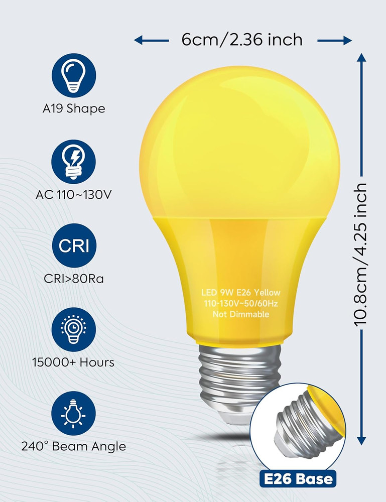 Yellow Bug Light Bulbs Outdoor, A19 LED 9W Amber Yellow, E26 Base, 4 Pack