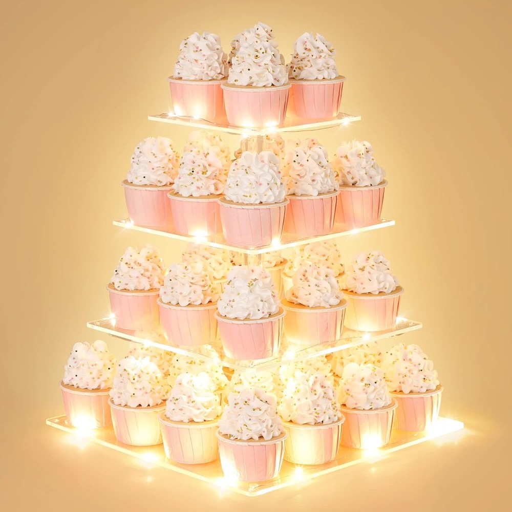 4 Tier Cupcake Stand with LED String Light, Acrylic Display Stand, Warm
