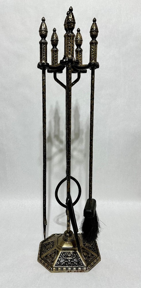 Vintage Brass Fireplace Tool Set 4 Piece & Stand