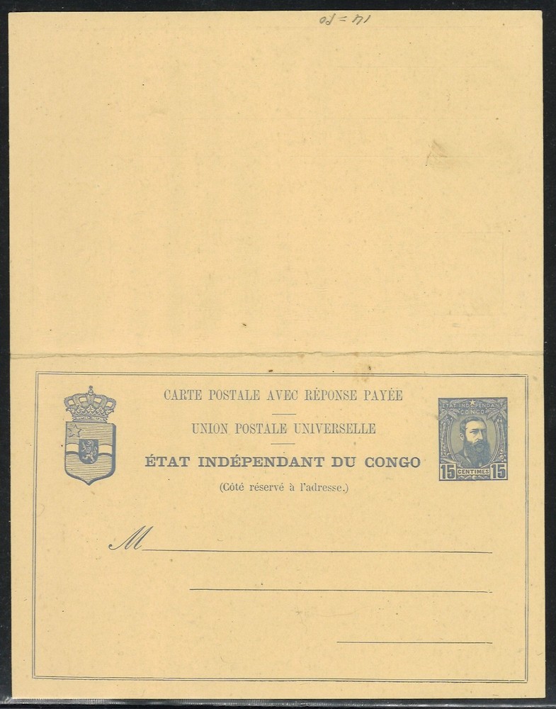 Belgian Congo  Reply postal  card  unused  15 cent