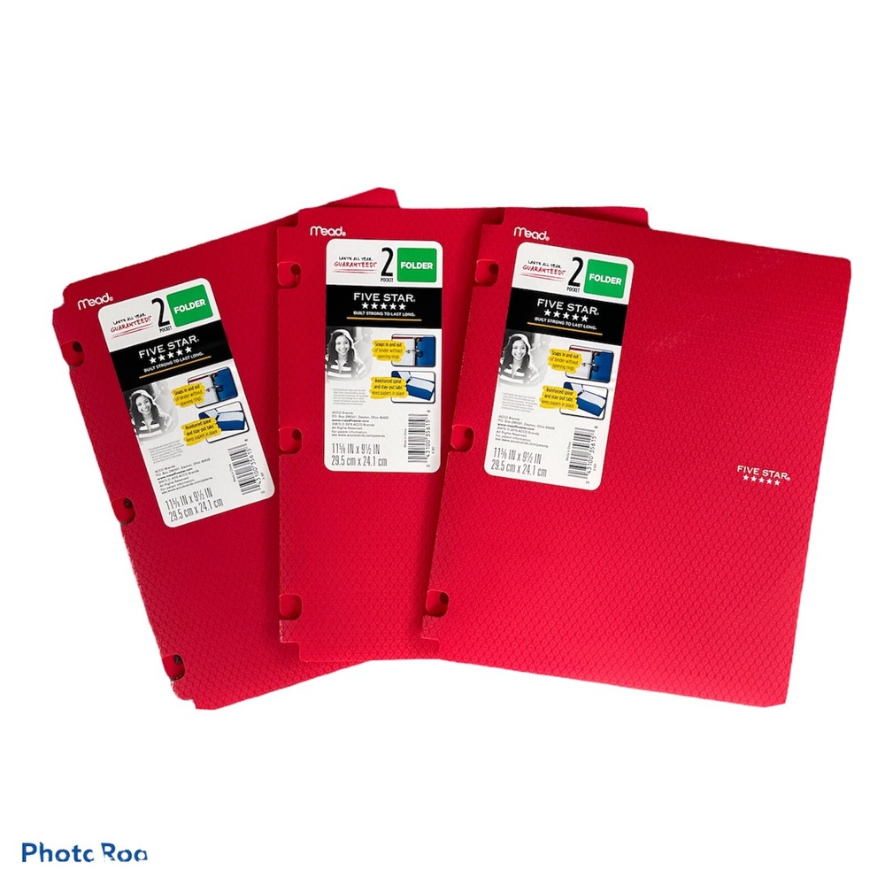 Five Star Snap-in Plastic Folder for Binders 2 Pocket Red- 3 Pack-New