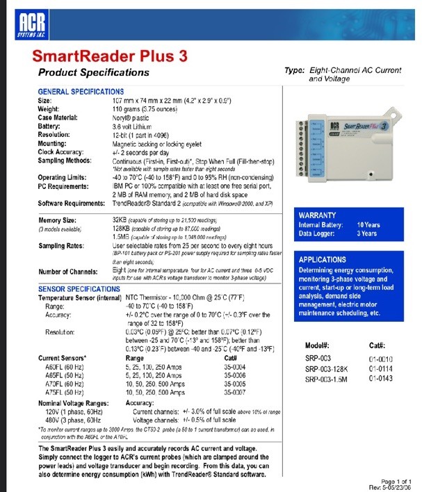 ACR Smart Reader Plus 3, 8 Channel AC Current, Voltage & Temp, 32kb Data Logger