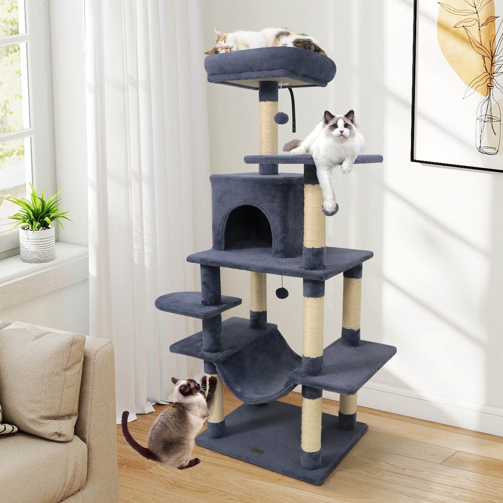 58” Tall Multi-level Cat Tree w/Upholstered Perch & Cat Condo, Comfy Hammock