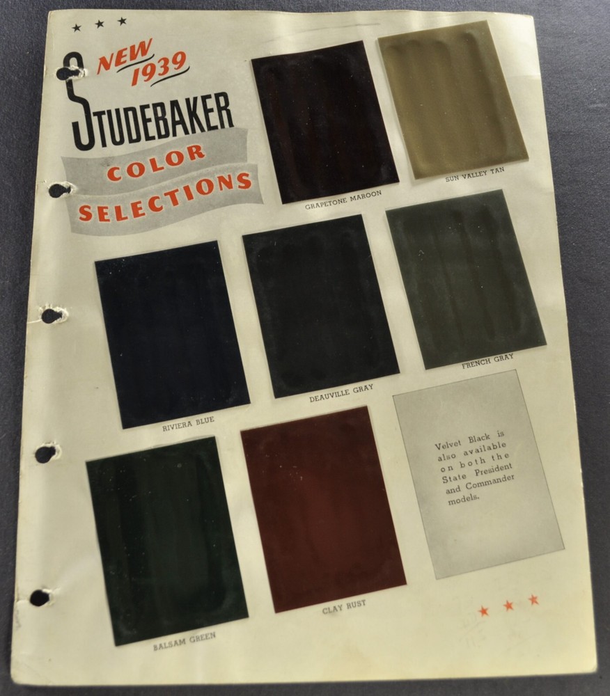 1939 Studebaker Paint Chip Colors Data Book Sheet Commander President Original