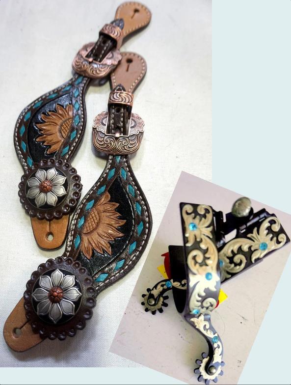 Spurs +Spur Strap Combo: BLUE Bling Antique Engraved Bling