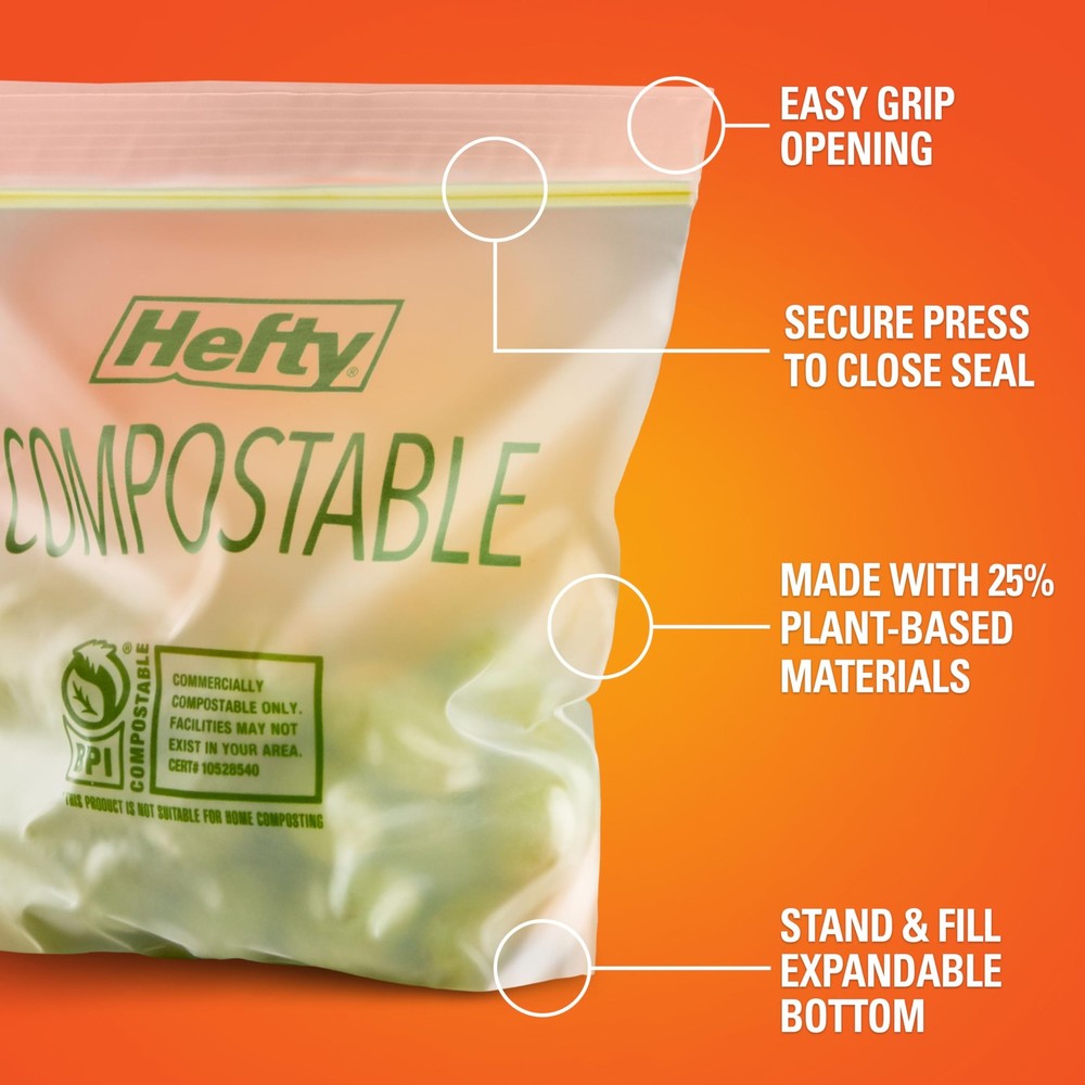 Hefty Compostable Press-To-Close​ Quart 40 Count Quart, Clear