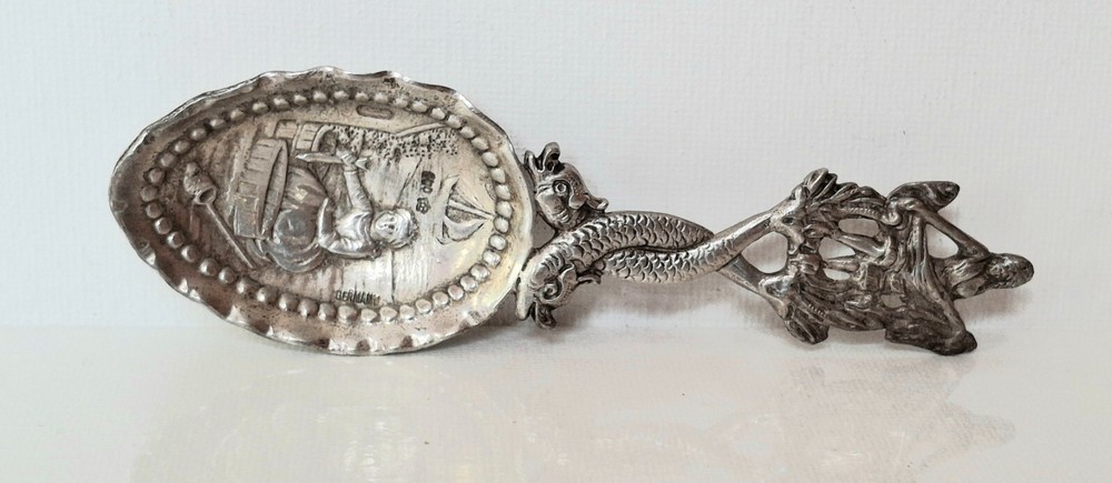 ANTIQUE GERMAN 800 SILVER DRAGON FISH HANDLE TEA CADDY SPOON