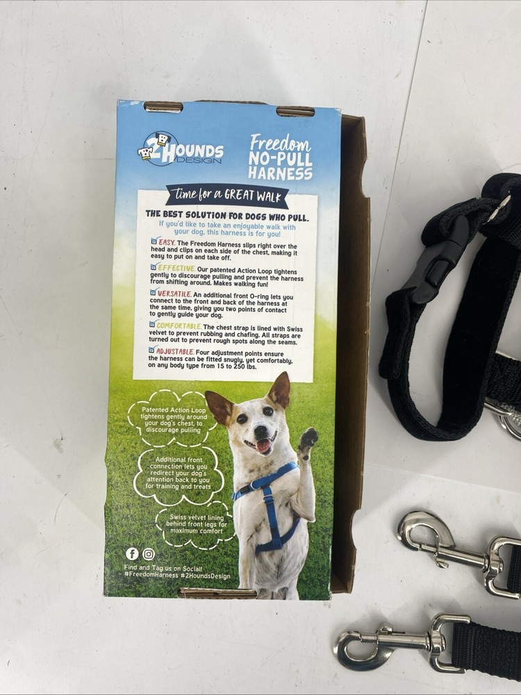 2 Hounds Design Freedom No Pull Dog BLACK Harness & Leash MEDIUM - 1" Width -New