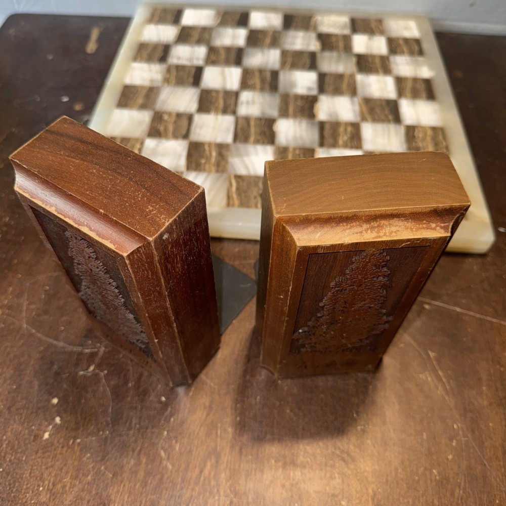 Vintage Solid Walnut Bookends Pine Cedar Tree Laser Craft Engraved 1970s Wood