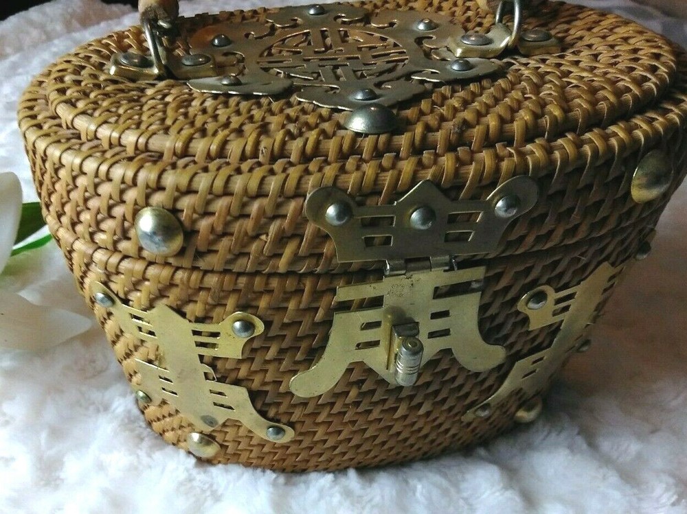 Brown Wicker Basket Handbag Purse Brass