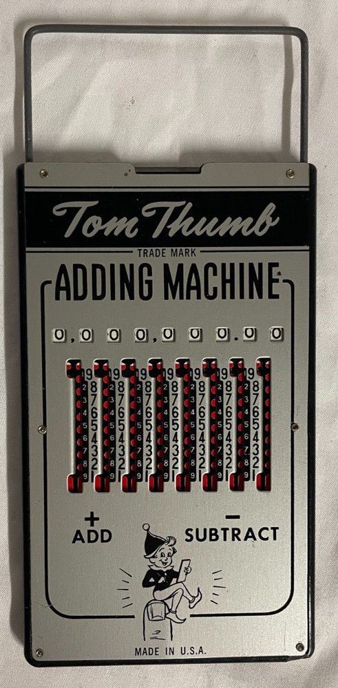 Tom Thumb Hand Adding Machine, Original Stylus, Sleeve, & Instructions