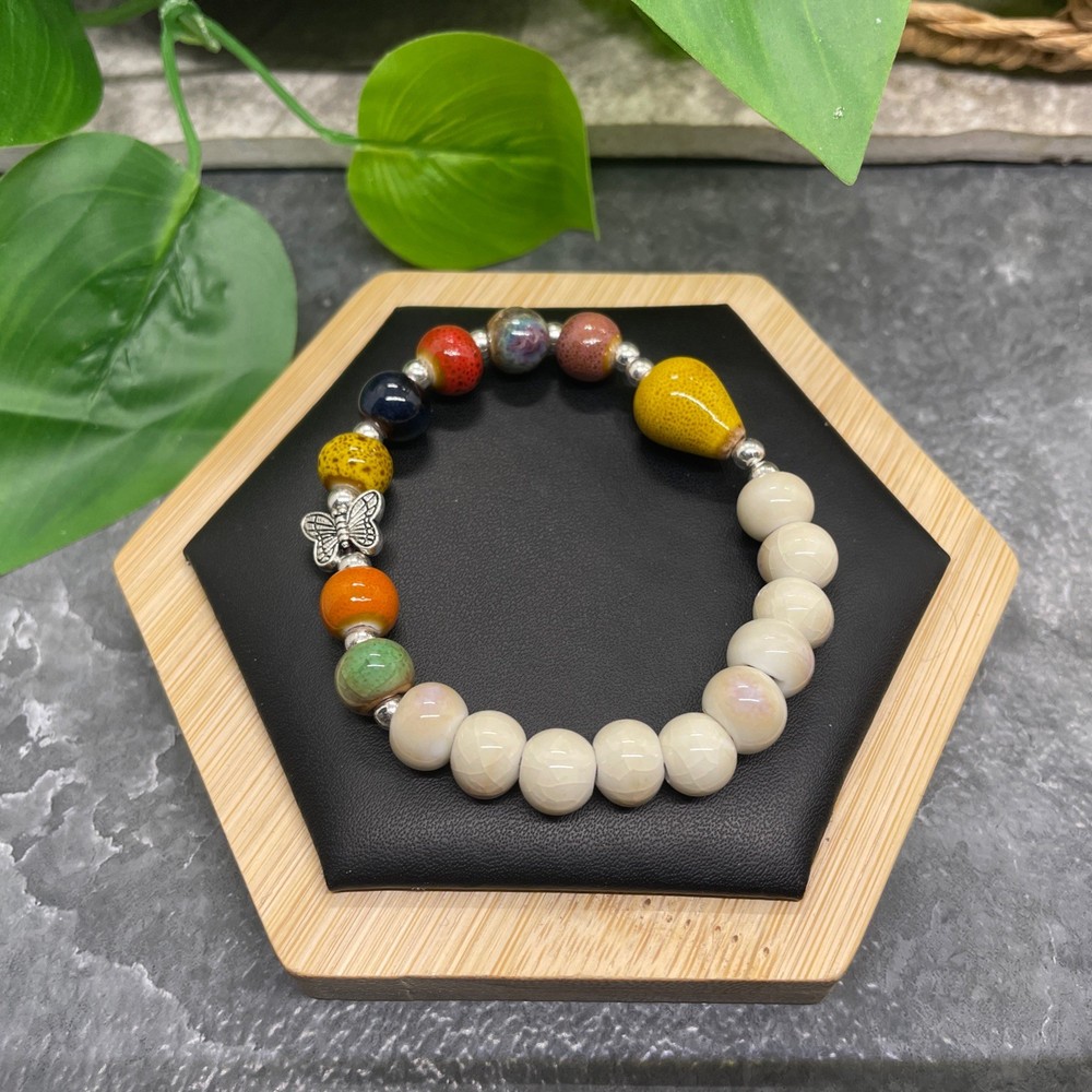 Handmade Ceramic Bead Beaded Stackable 6.25” Plus Stretch Bracelet New B487