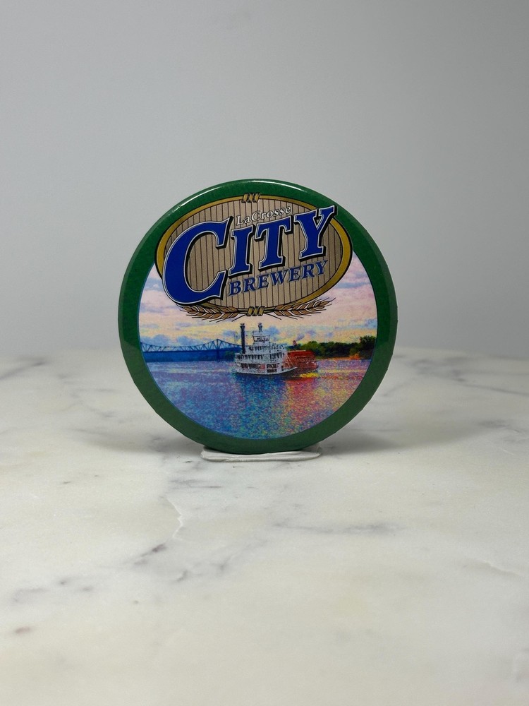 La Crosse City Brewery Button Pin: Green Button - Beer Ad Accessory