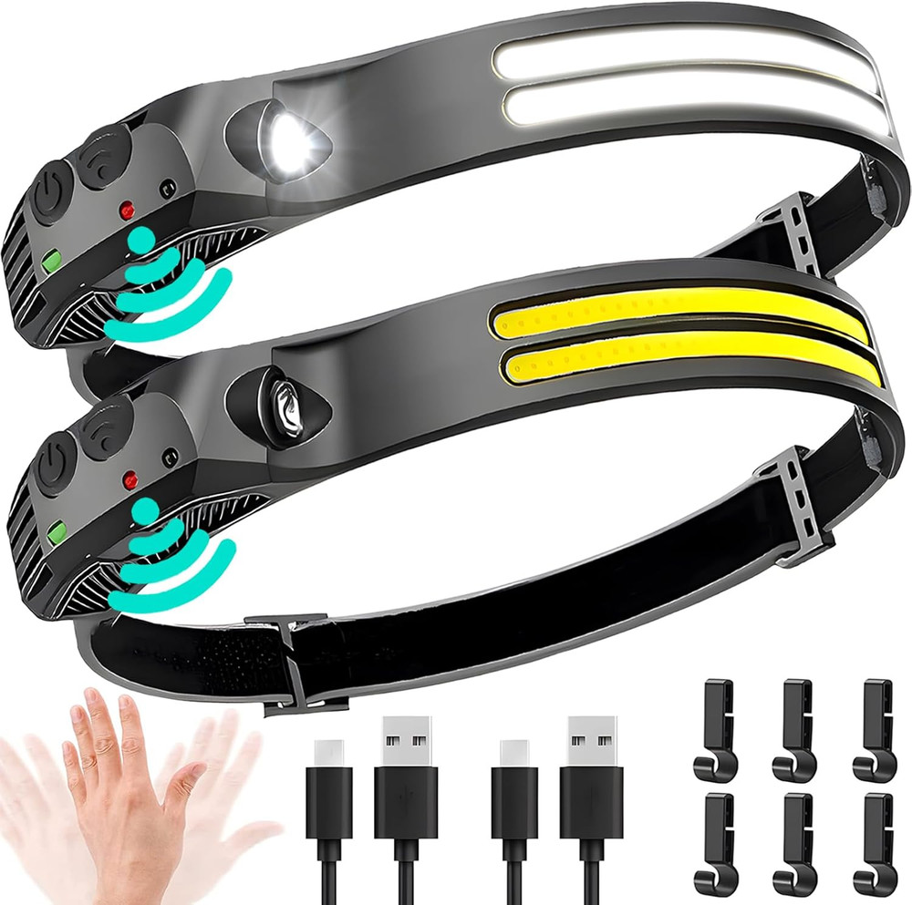 2 Pack LED Rechargeable Headlamp 230° Wide Beam Hard Hat Headlight USB-C
