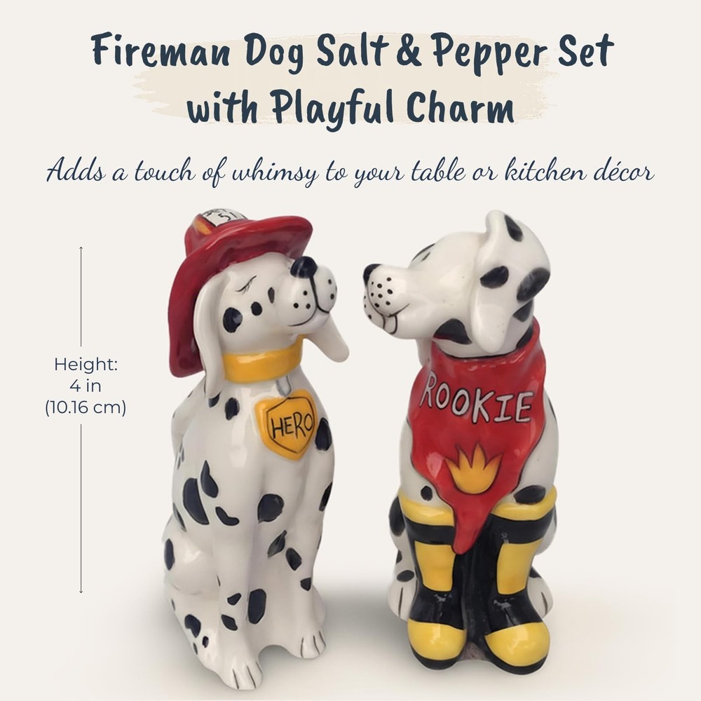 Blue Sky Ceramic Fireman Dog Salt & Pepper Shaker Set 2.5x2x4