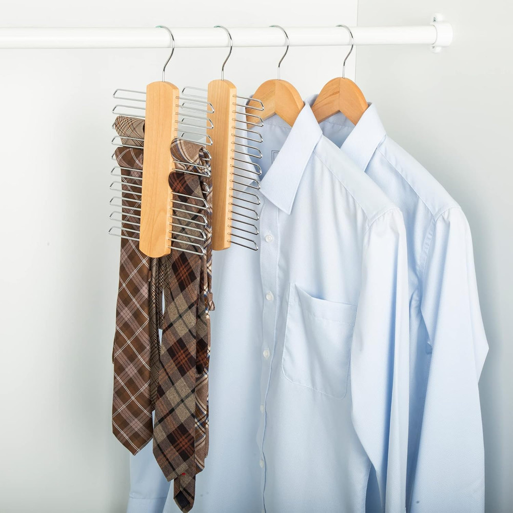 20 Bar Wooden Tie Hanger & Belt Rack - Natural, 2-Pack