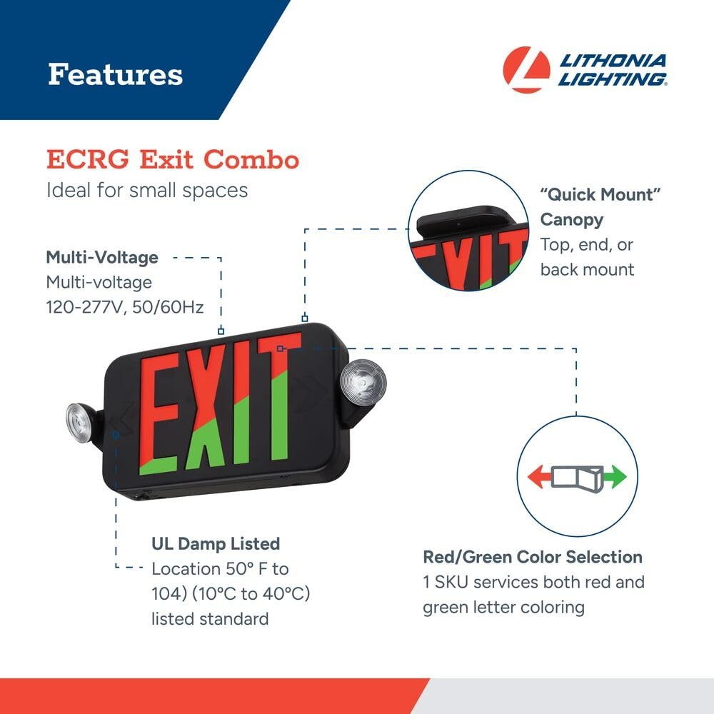 Lithonia Lighting ECRG Basics LED Exit Sign/Emergency Light Combo, Red/Green
