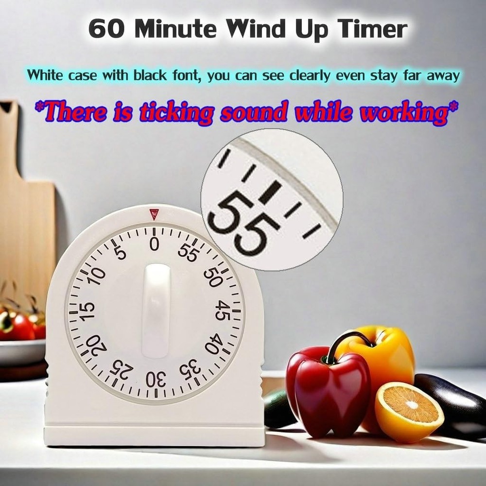 60 Minute Wind Up Timer, Visual Mechanical Timer with Loud Alarm, Manual Countdo