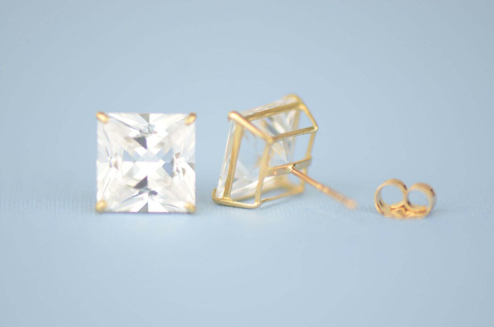 14k solid yellow gold square clear CZ basket set stud earrings 3mm-10mm